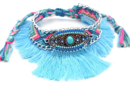 Bracelet-Manchette-Bresilien-Fils-Tresses-avec-Ovale-Pierres-Perles-et-Pompons-Bleu-Turquoise