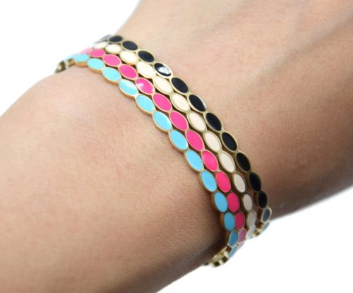 Bracelet-Jonc-Fin-Ondule-et-Chaine-Acier-Dore-avec-Ovales-Email-Couleur