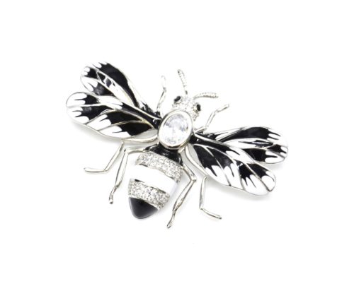 Broche-Abeille-Metal-Peint-Noir-Blanc-avec-Ailes-Rayures-et-Strass-Zirconium-Argente