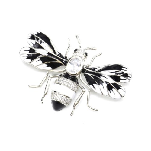 Broche-Abeille-Metal-Peint-Noir-Blanc-avec-Ailes-Rayures-et-Strass-Zirconium-Argente