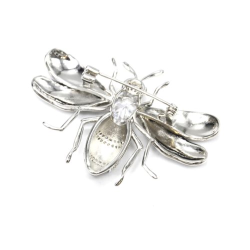 Broche-Abeille-Metal-Peint-Noir-Blanc-avec-Ailes-Rayures-et-Strass-Zirconium-Argente