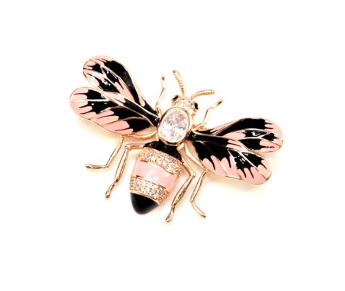 Broche-Abeille-Metal-Peint-Rose-Noir-avec-Ailes-Rayures-et-Strass-Zirconium-Or-Rose