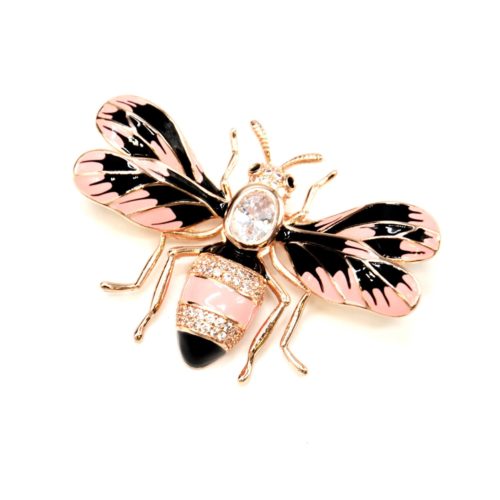 Broche-Abeille-Metal-Peint-Rose-Noir-avec-Ailes-Rayures-et-Strass-Zirconium-Or-Rose