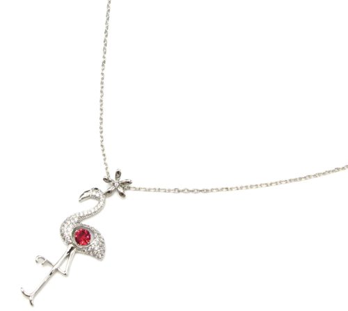 Sautoir-Collier-Pendentif-Flamant-Rose-avec-Pierre-Rose-et-Strass-Zirconium-Argente