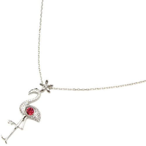 Sautoir-Collier-Pendentif-Flamant-Rose-avec-Pierre-Rose-et-Strass-Zirconium-Argente