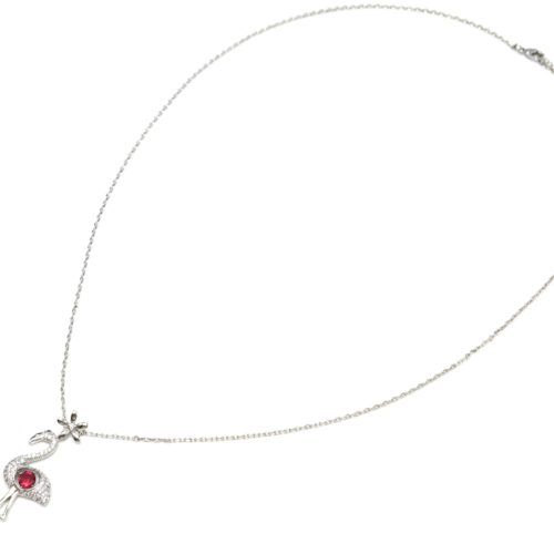 Sautoir-Collier-Pendentif-Flamant-Rose-avec-Pierre-Rose-et-Strass-Zirconium-Argente