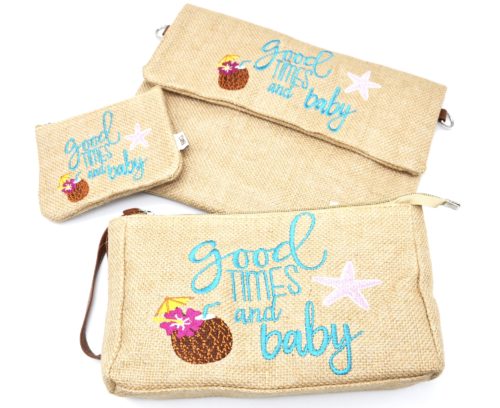 Lot-de-3-Pochettes-Trousses-Toile-de-Jute-avec-Message-Good-Times-And-Baby