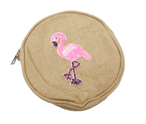 Pochette-Sac-Bandouliere-Rond-Toile-de-Jute-avec-Motif-Flamant-Rose-Sequins