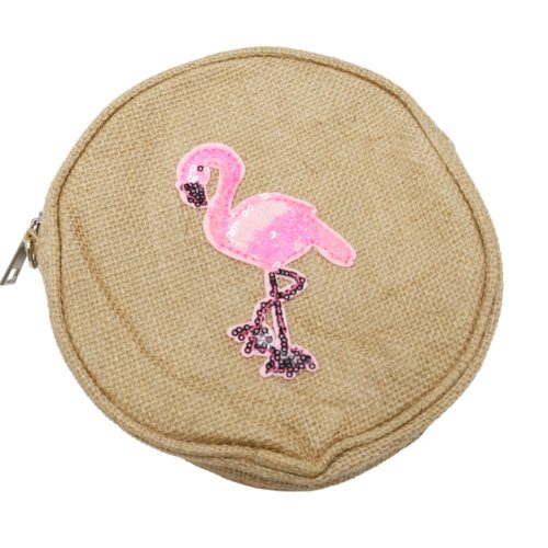 Pochette-Sac-Bandouliere-Rond-Toile-de-Jute-avec-Motif-Flamant-Rose-Sequins