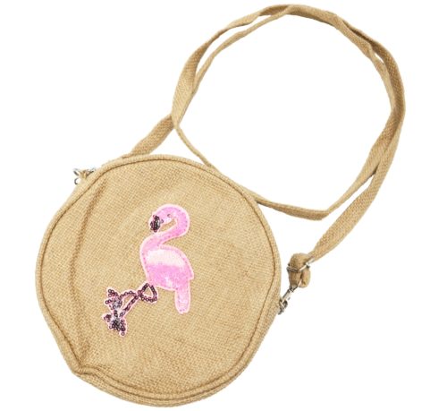 Pochette-Sac-Bandouliere-Rond-Toile-de-Jute-avec-Motif-Flamant-Rose-Sequins