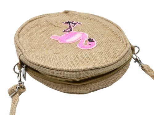 Pochette-Sac-Bandouliere-Rond-Toile-de-Jute-avec-Motif-Flamant-Rose-Sequins