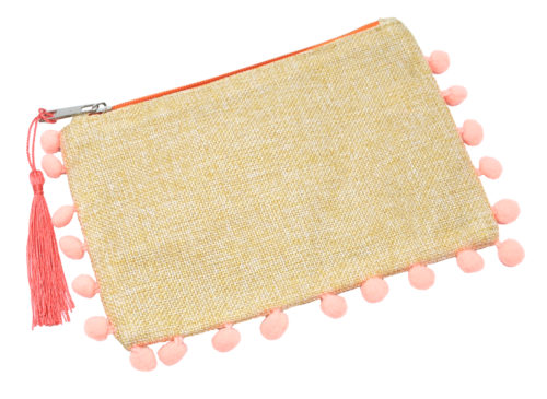 Pochette-Petit-Sac-Tissu-Beige-Uni-avec-Contour-Pompons-Peche