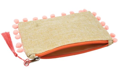 Pochette-Petit-Sac-Tissu-Beige-Uni-avec-Contour-Pompons-Peche