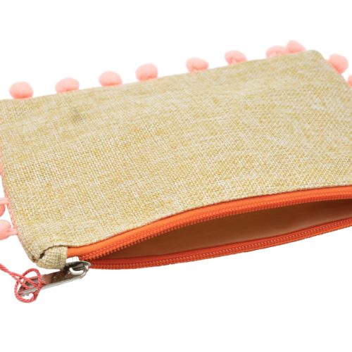 Pochette-Petit-Sac-Tissu-Beige-Uni-avec-Contour-Pompons-Peche