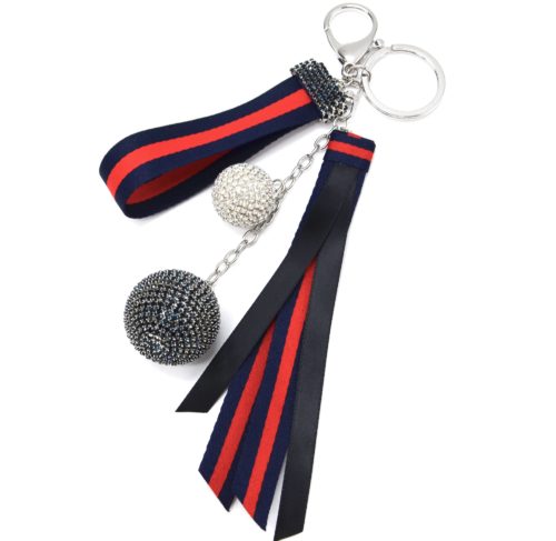 Porte-Cles-Bijou-de-Sac-Boules-Strass-avec-Rubans-Rayures-Bleu-Nuit-Rouge