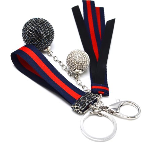 Porte-Cles-Bijou-de-Sac-Boules-Strass-avec-Rubans-Rayures-Bleu-Nuit-Rouge