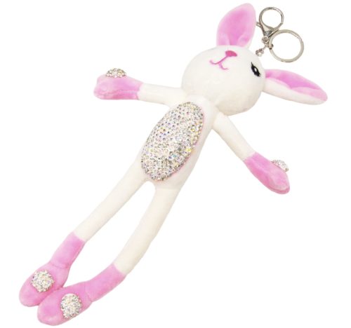 Porte-Cles-Bijou-de-Sac-Peluche-Lapin-XXL-Blanc-Rose-avec-Strass