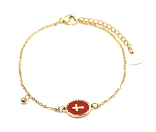 Bracelet-Fine-Chaine-Acier-Dore-avec-Ovale-Email-Rouge-Motif-Croix