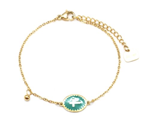 Bracelet-Fine-Chaine-Acier-Dore-avec-Ovale-Email-Vert-Motif-Croix