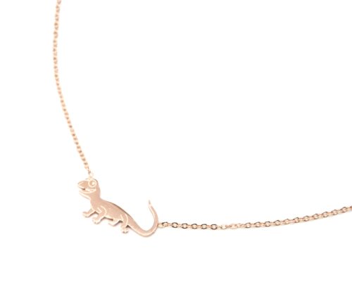 Collier-Fine-Chaine-avec-Pendentif-Salamandre-Lezard-Acier-Or-Rose