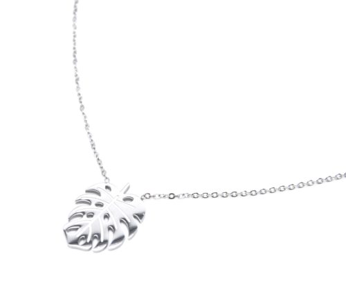 Collier-Fine-Chaine-avec-Pendentif-Feuille-Tropicale-Acier-Argente