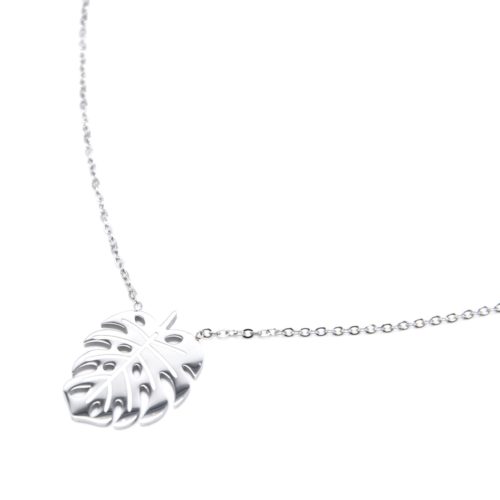 Collier-Fine-Chaine-avec-Pendentif-Feuille-Tropicale-Acier-Argente