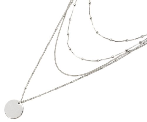 Collier-Multi-Rangs-Chaines-Metal-Argente-avec-Boules-et-Medaille