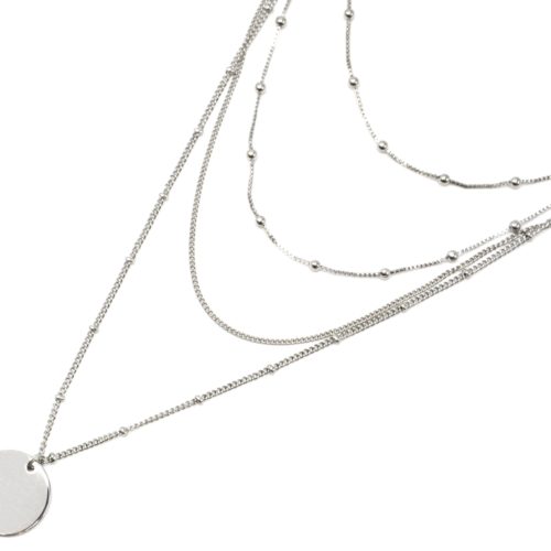 Collier-Multi-Rangs-Chaines-Metal-Argente-avec-Boules-et-Medaille