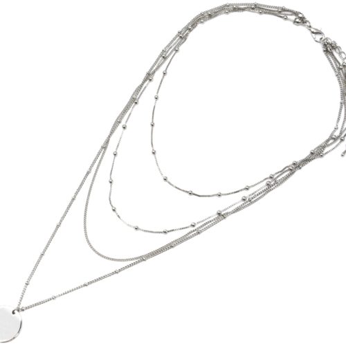 Collier-Multi-Rangs-Chaines-Metal-Argente-avec-Boules-et-Medaille