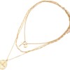 Collier-Multi-Rangs-Chaines-Metal-Dore-avec-Medaille-Martelee-Croix