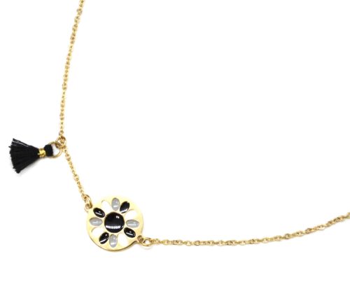 Collier-Fine-Chaine-Acier-Dore-avec-Cercle-Fleur-Email-et-Pompon-Noir