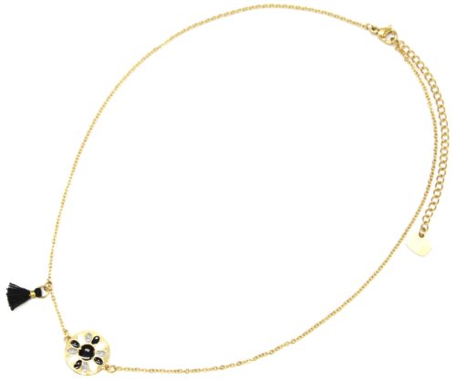 Collier-Fine-Chaine-Acier-Dore-avec-Cercle-Fleur-Email-et-Pompon-Noir