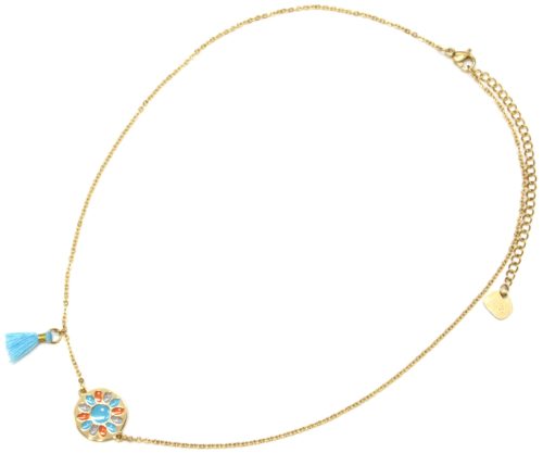 Collier-Fine-Chaine-Acier-Dore-avec-Cercle-Fleur-Email-et-Pompon-Bleu