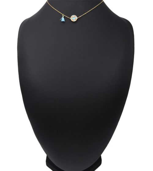 Collier-Fine-Chaine-Acier-Dore-avec-Cercle-Fleur-Email-et-Pompon-Bleu