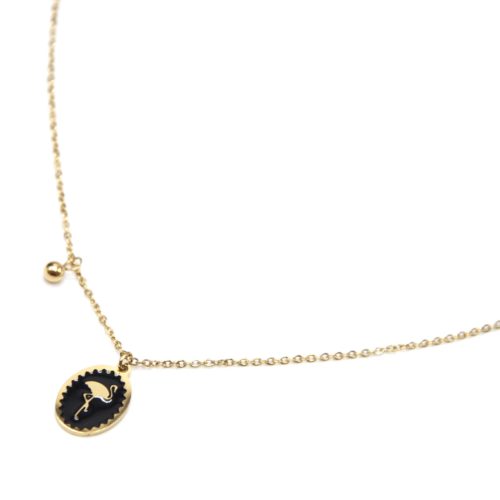 Collier-Fine-Chaine-Acier-Dore-avec-Cercle-Email-Noir-Motif-Flamant-Rose