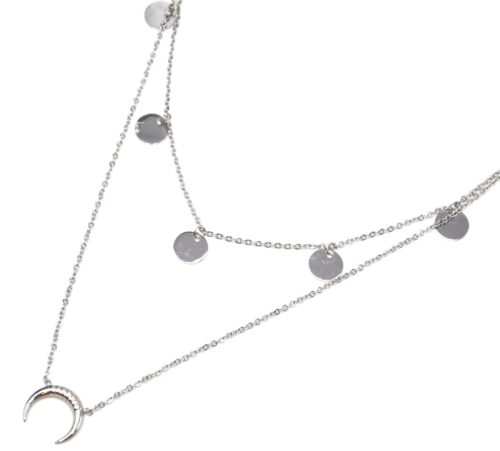 Collier-Double-Chaine-Pendentif-Multi-Pampilles-et-Corne-Acier-Argente