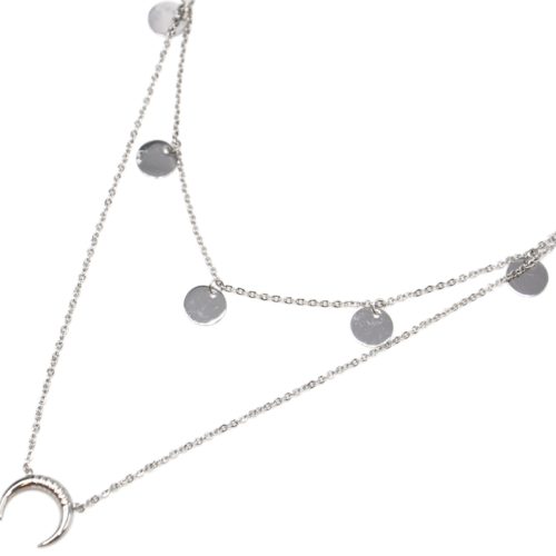 Collier-Double-Chaine-Pendentif-Multi-Pampilles-et-Corne-Acier-Argente