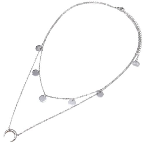 Collier-Double-Chaine-Pendentif-Multi-Pampilles-et-Corne-Acier-Argente