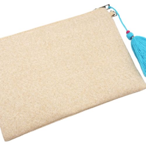 Pochette-Sac-Moyen-Tissu-Beige-avec-Motif-Tete-Buffle-et-Pompons-Multicolore-Fluo