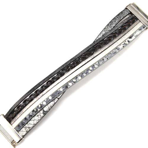 Bracelet-Manchette-Multi-Rangs-Croises-Simili-Cuir-Satine-avec-Tresse-Noir