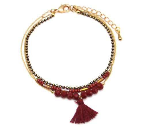 Bracelet-Multi-Rangs-Chaine-Metal-Dore-avec-Perles-et-Pompon-Bordeaux