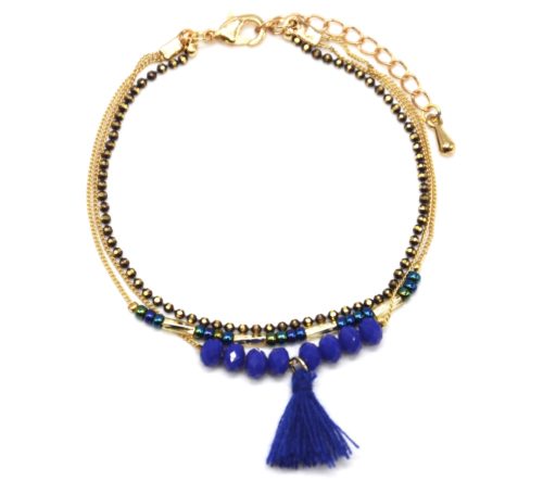 Bracelet-Multi-Rangs-Chaine-Metal-Dore-avec-Perles-et-Pompon-Bleu-Roi