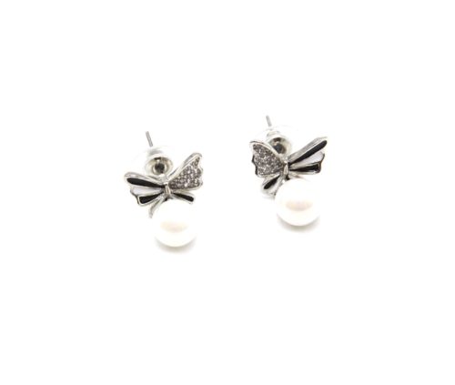 Boucles-dOreilles-Papillon-Noir-Blanc-Strass-Zirconium-Argente-avec-Perle-Ecru