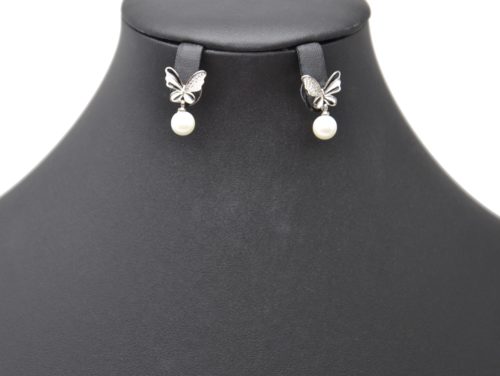 Boucles-dOreilles-Papillon-Noir-Blanc-Strass-Zirconium-Argente-avec-Perle-Ecru