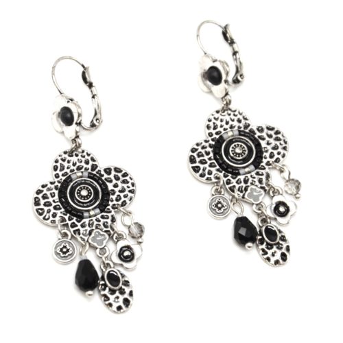 Boucles-dOreilles-Trefle-Metal-Relief-Argente-avec-Charms-et-Perles-Noires