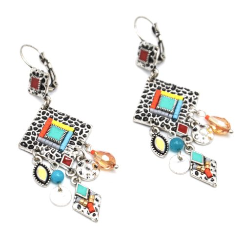 Boucles-dOreilles-Losange-Metal-Relief-Argente-avec-Charms-et-Perles-Multicolore