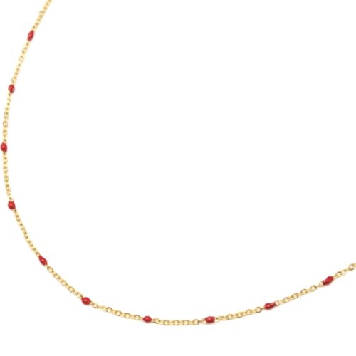 Collier-Fine-Chaine-Acier-Dore-et-Mini-Perles-Email-Rouge