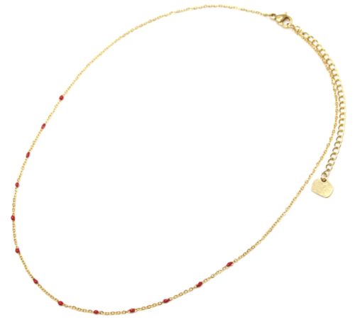 Collier-Fine-Chaine-Acier-Dore-et-Mini-Perles-Email-Rouge