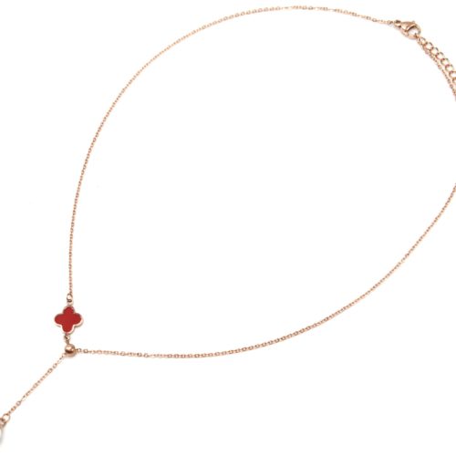 Collier-Fine-Chaine-Acier-Or-Rose-avec-Pendentif-Y-Trefle-Rouge-et-Perle-Ecru