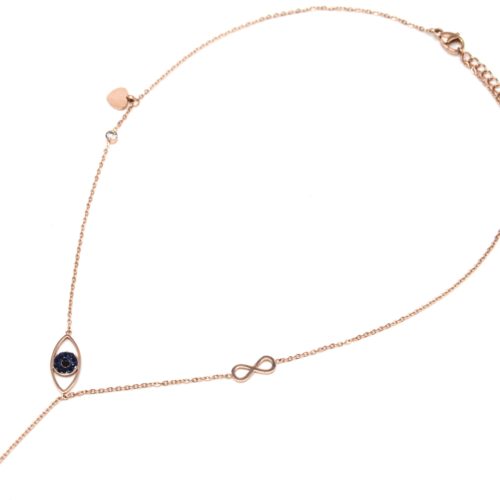 Collier-Fine-Chaine-Acier-Or-Rose-avec-Pendentif-Y-Oeil-Strass-Infini-et-Pique